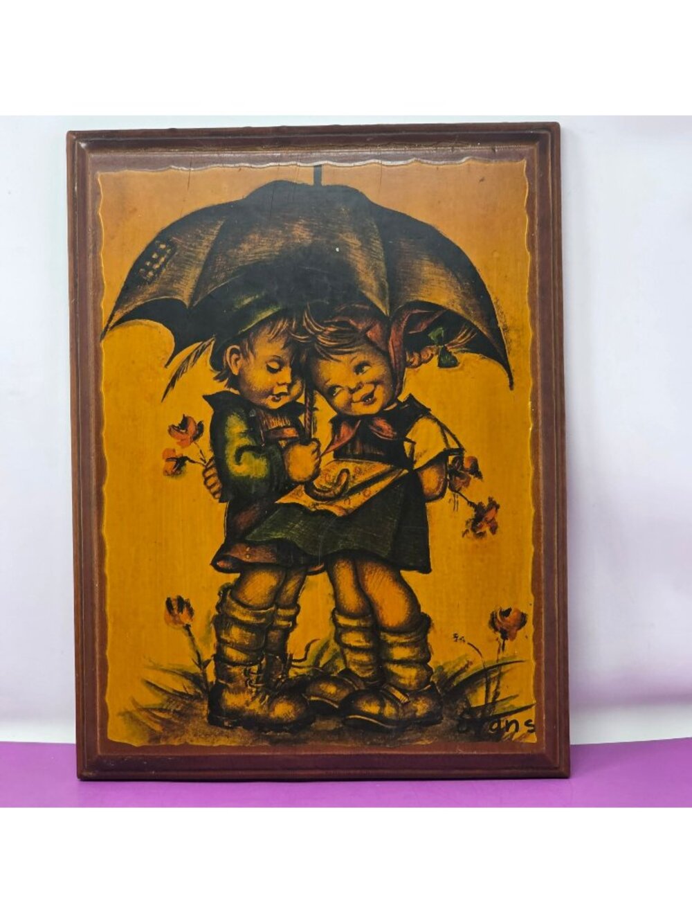Vintage Evans 1970s Wood Wall Plaque Children Under Umbrella Hummel Style Decor